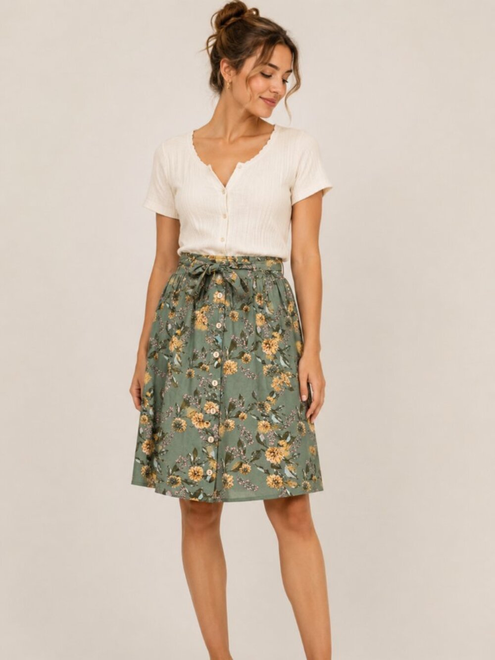 Final Touch USA Linen Green Floral Button Front Midi Skirt Small Boho